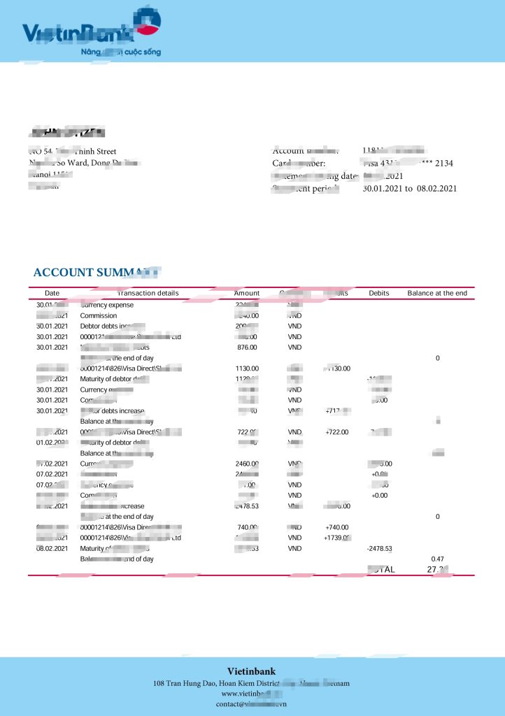 越南 Vietinbank 银行对账单模板