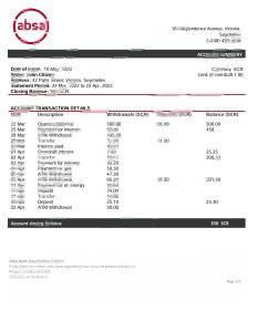 塞舌尔 ABSA 银行对账单模板Seychelles ABSA Bank Statement Template-帮司令
