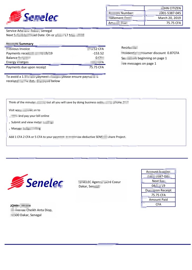 塞内加尔Senelec Agence Sacré Coeur公司电力公用事业账单Word和PDF模板