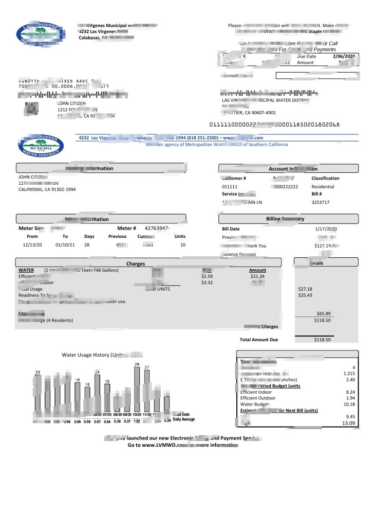 美国加利福尼亚州拉斯维吉尼亚市政供水区水电费账单Word和PDF模板