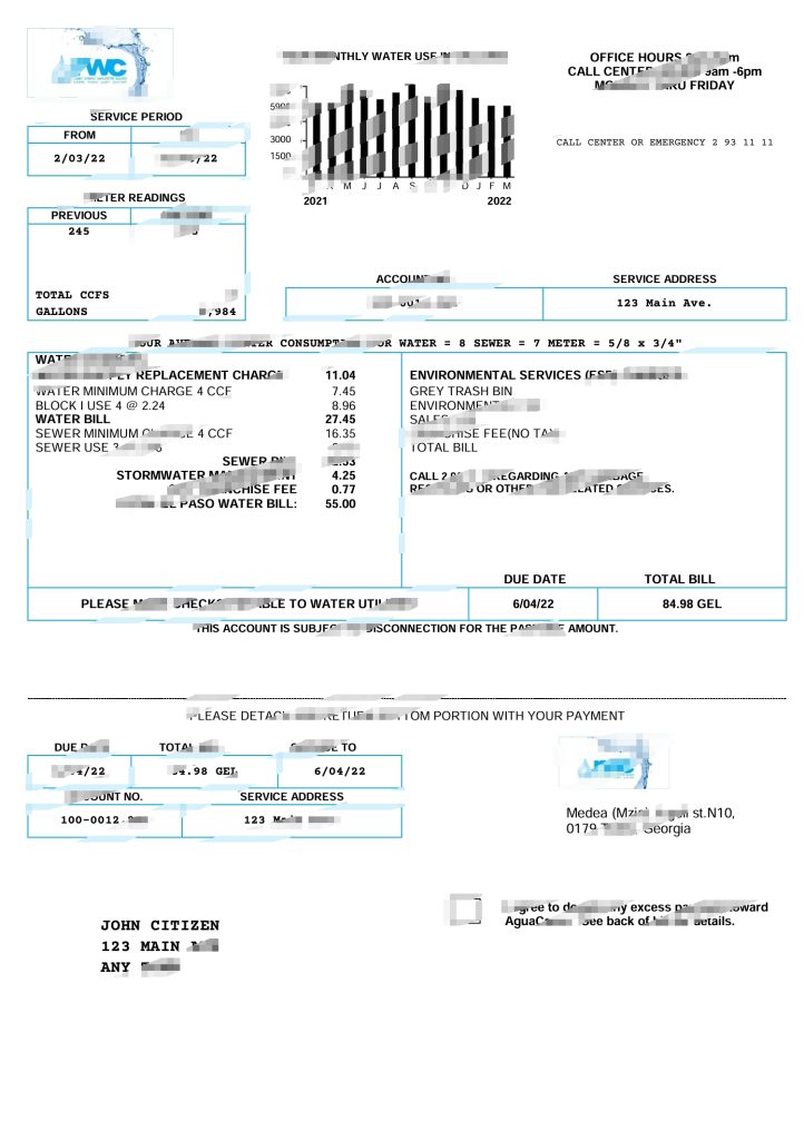 佐治亚州 RWC 水费账单模板（Word 和 PDF 格式）