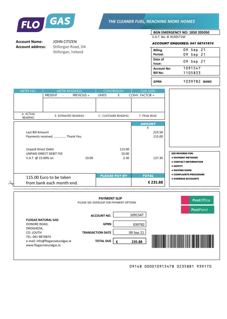 爱尔兰 Flogas 公用事业账单 Word 和 PDF 模板