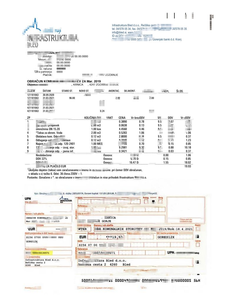 斯洛文尼亚 Infrastruktura Bled 公用事业账单模板（Word 和 PDF 格式）