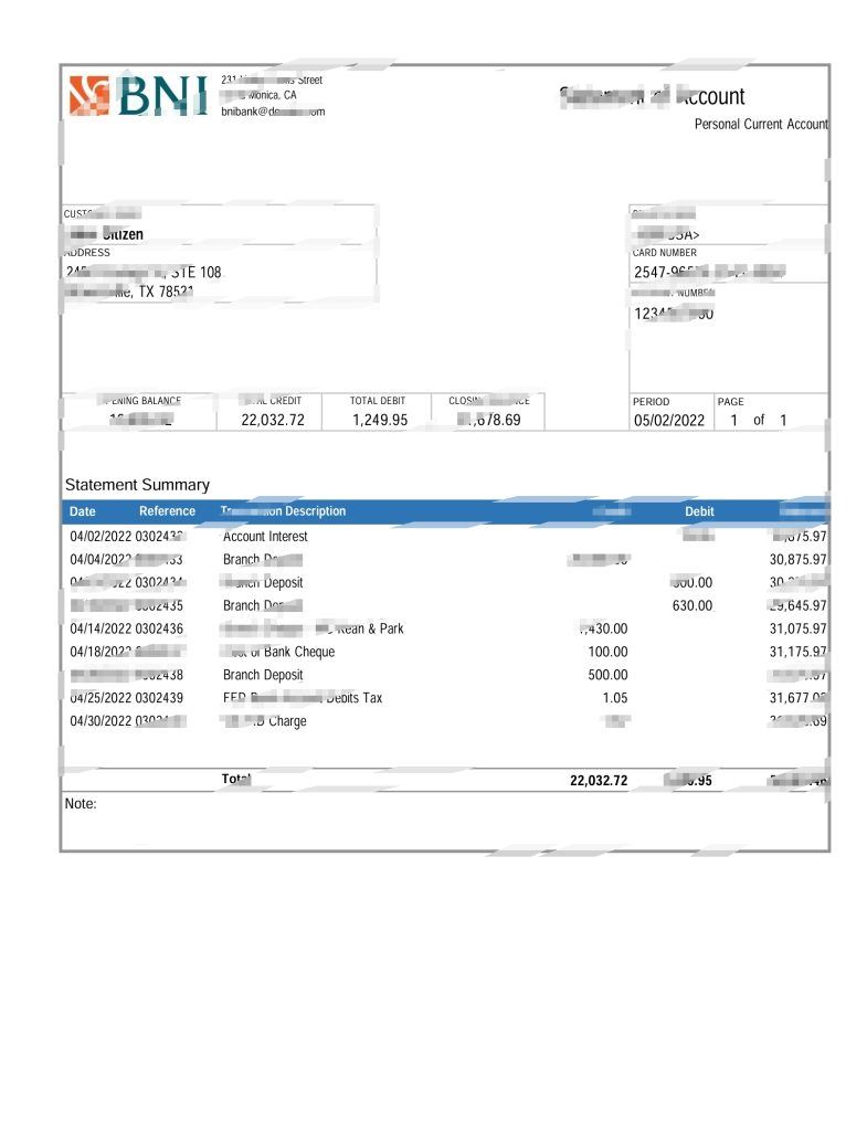 美国德克萨斯州 BNI 银行账户报表 Word 和 PDF 模板