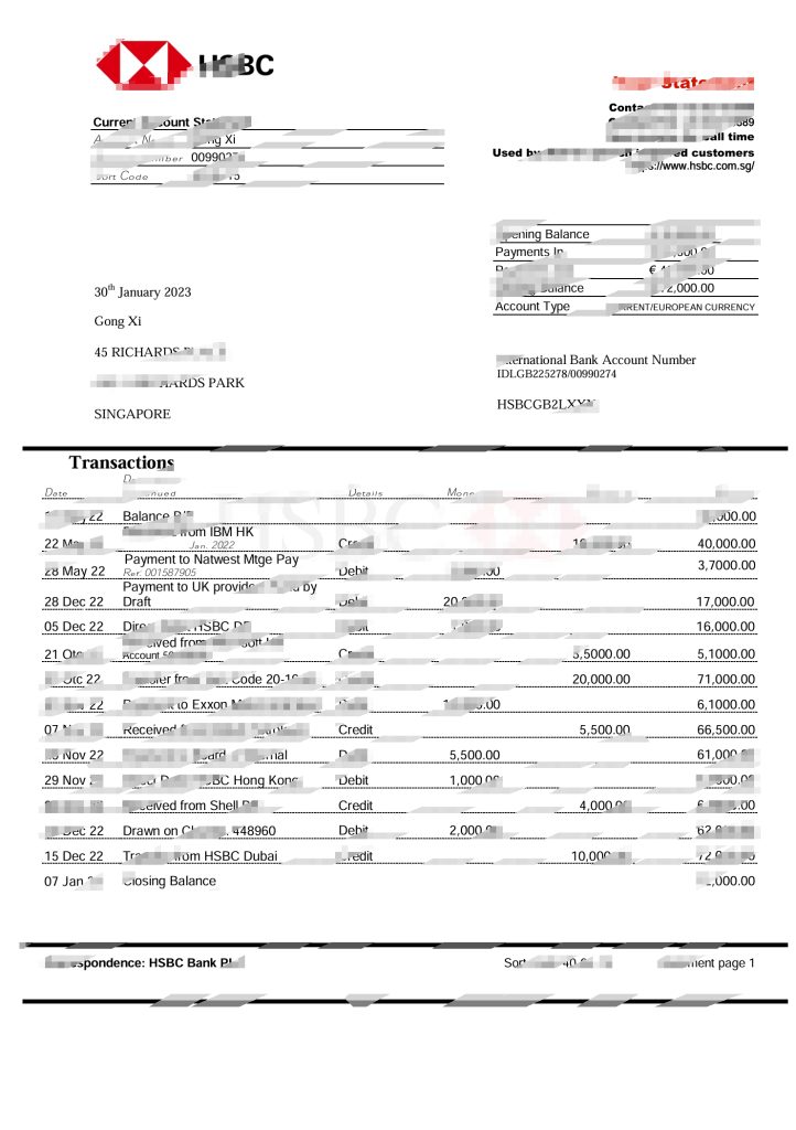 新加坡汇丰银行对账单Word和PDF模板