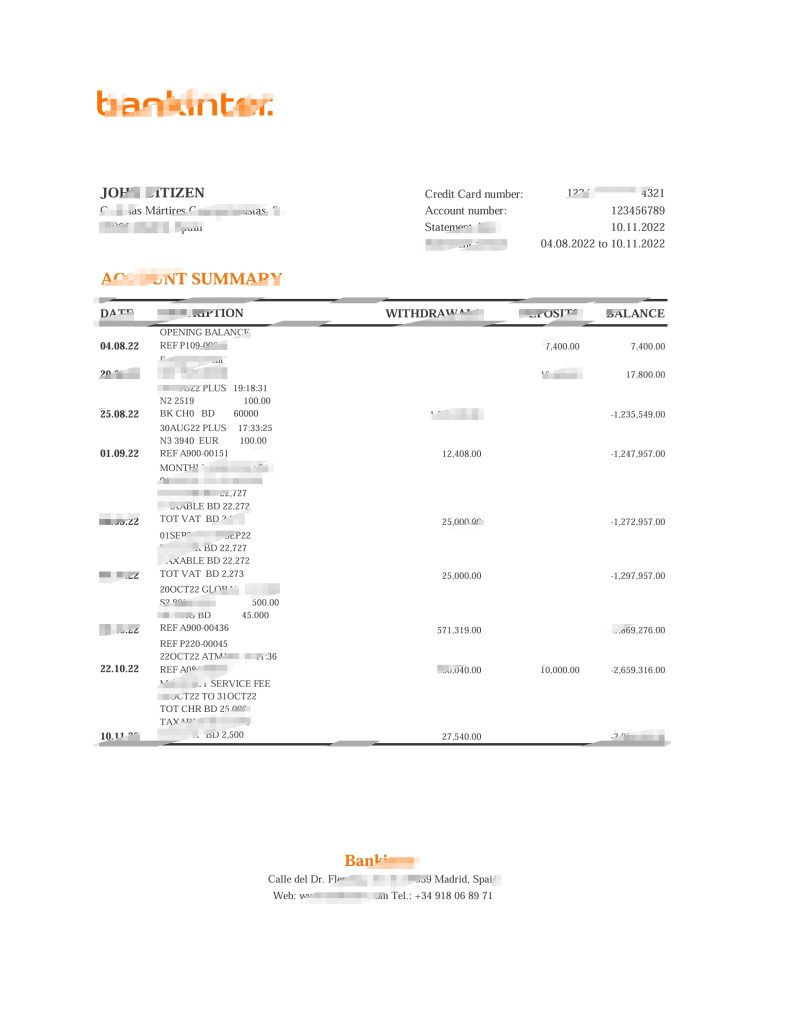 西班牙 Bankinter 银行对账单 Excel 和 PDF 模板