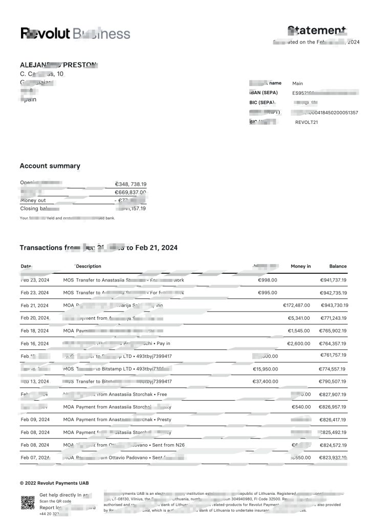 Revolut 商业银行对账单 Word 和 PDF 模板（2024 版）