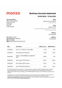 英国 Monzo 商业银行对账单 Word 和 PDF 模板（2024 版）UK Monzo Business Bank Statement Word And PDF Template (2024 Version)-帮司令