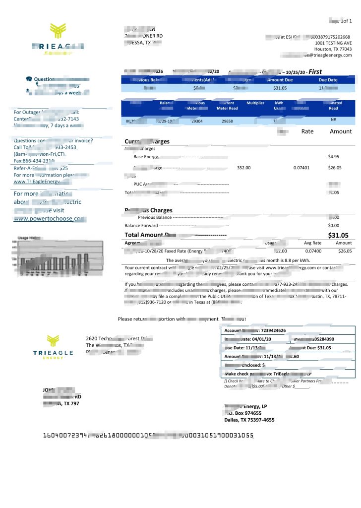 美国德克萨斯州 TriEagle 公用事业账单模板