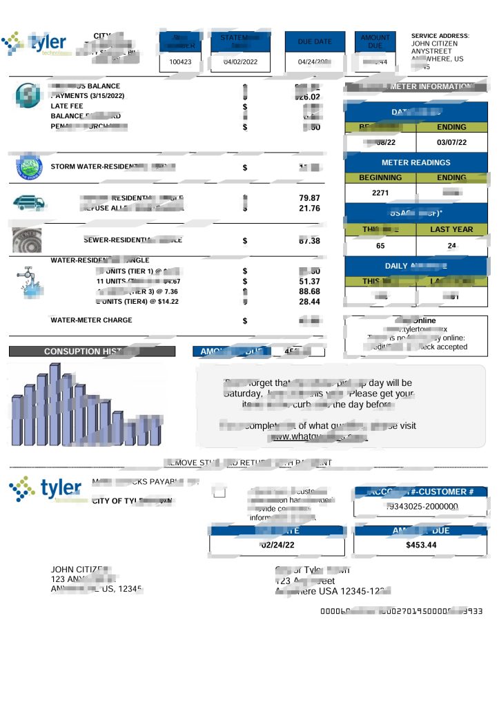 美国 Tyler Technologies 公用事业账单模板（Word 和 PDF 格式）