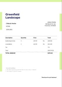 Word 和 PDF 格式的美国 Greenfield Landscape 发票模板USA Greenfield Landscape invoice template in Word and PDF format-帮司令