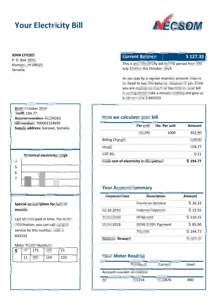索马里 NESCOM 公司电费账单 Word 和 PDF 模板