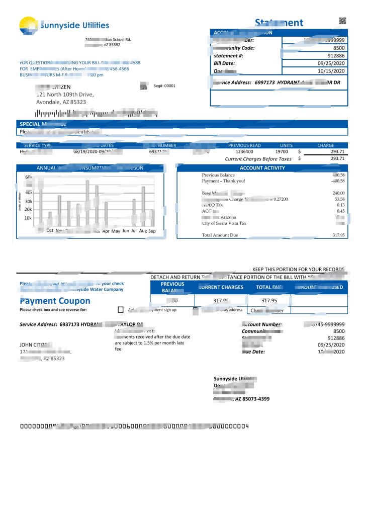 美国华盛顿州 Sunnyside Utilities 水费账单模板