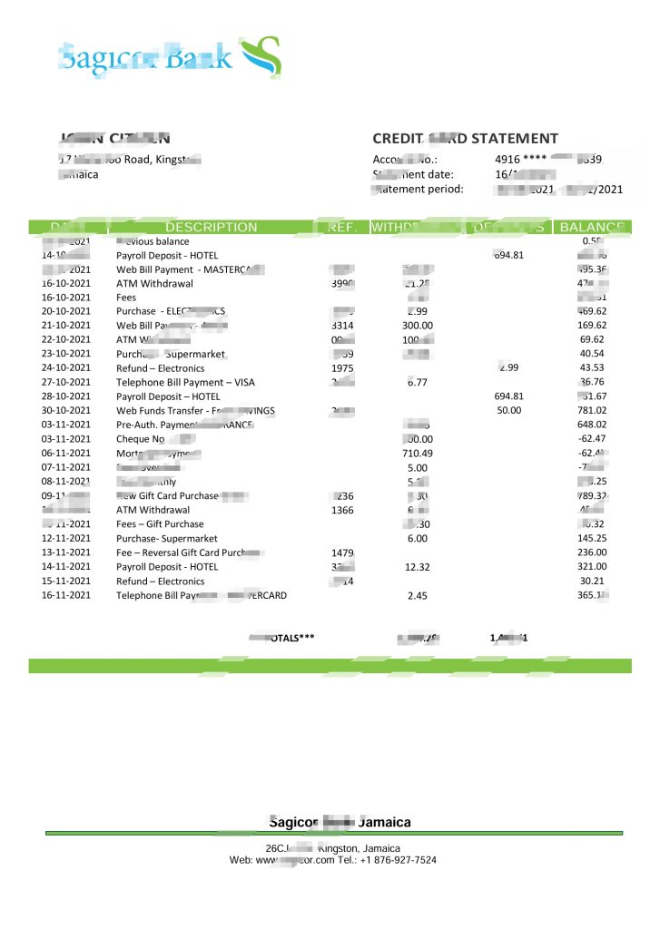 牙买加 Sagicor 银行对账单模板 Word 和 PDF 格式