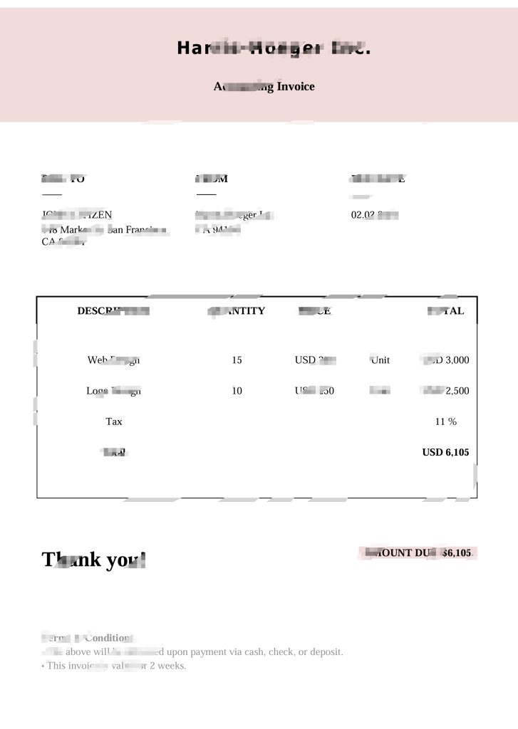 美国 Harris-Hoeger Inc 发票模板（Word 和 PDF 格式）