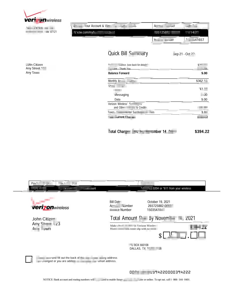 美国 Verizon Wireless 公用事业账单模板（Word 和 PDF 格式）