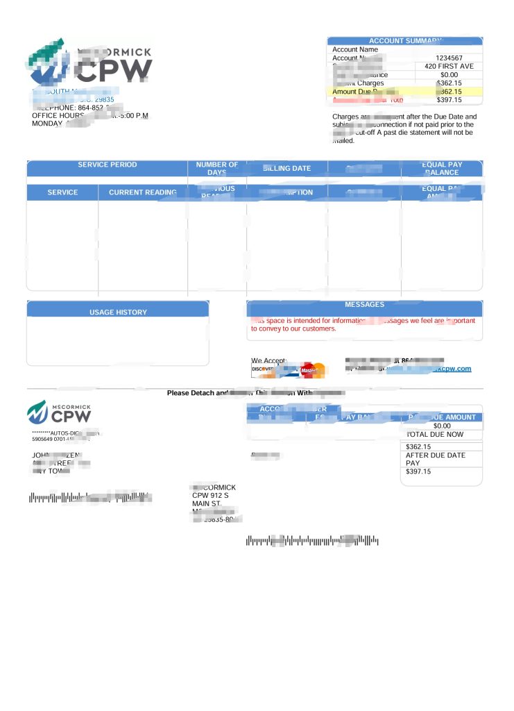 美国 CPW 公用事业账单模板（Word 和 PDF 格式）