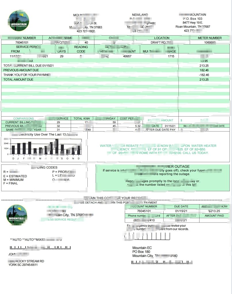 美国田纳西山电力合作社 MEC 公用事业账单模板