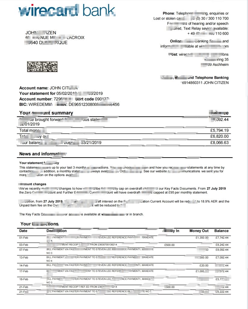 德国Aschheim Wirecard银行对账单简易填写模板