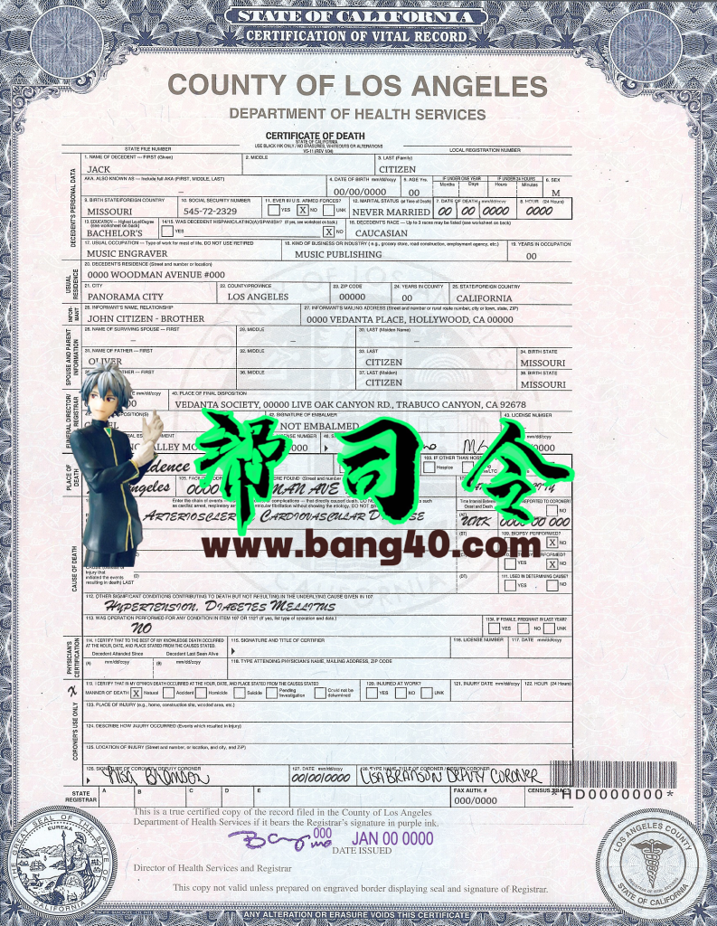 加州死亡证明 PSD 模板