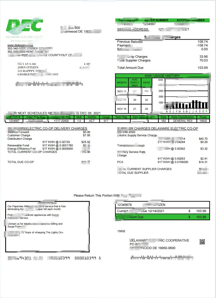 美国特拉华州电力合作社水电费账单模板(Word 和 PDF 格式)