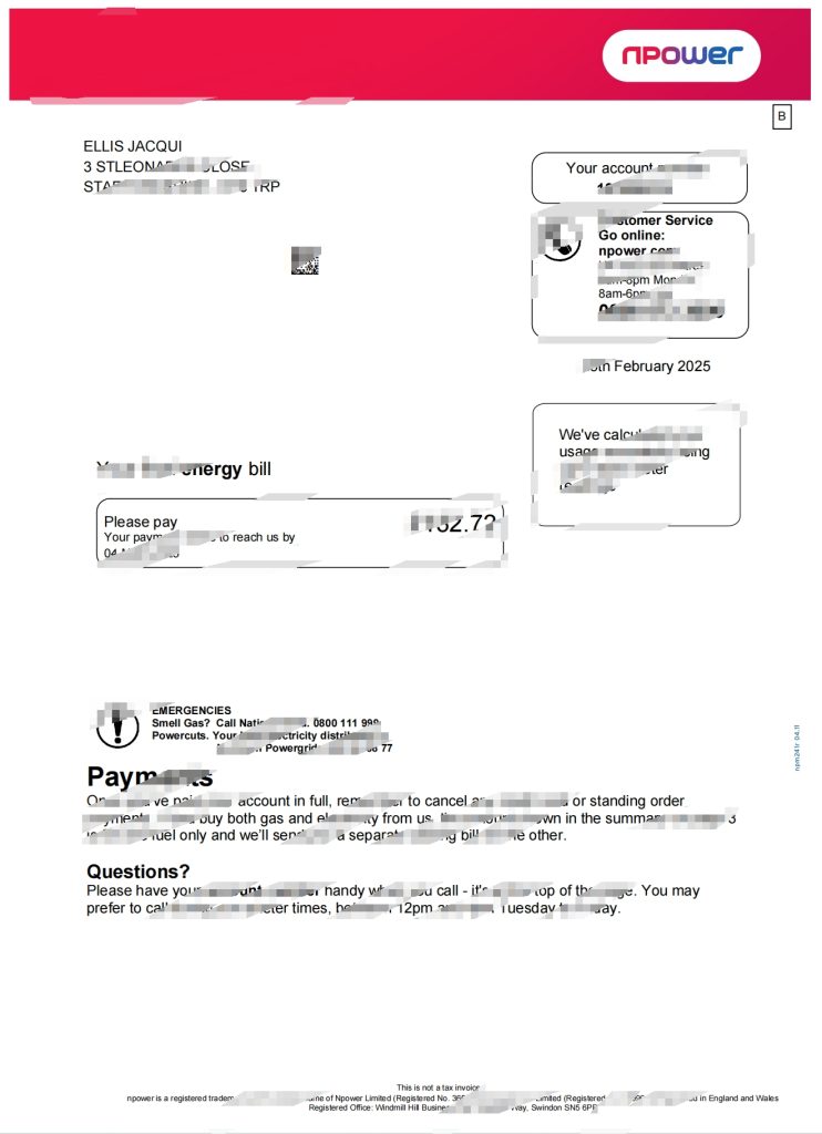 Npower(英国)水电费账单模板(Word 和 PDF 格式)