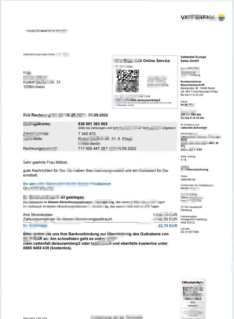 德国 VATTENFALL 公用事业账单模板(Word 和 PDF 格式)