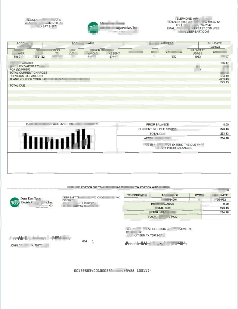 美国德克萨斯州东部电力账单模板
