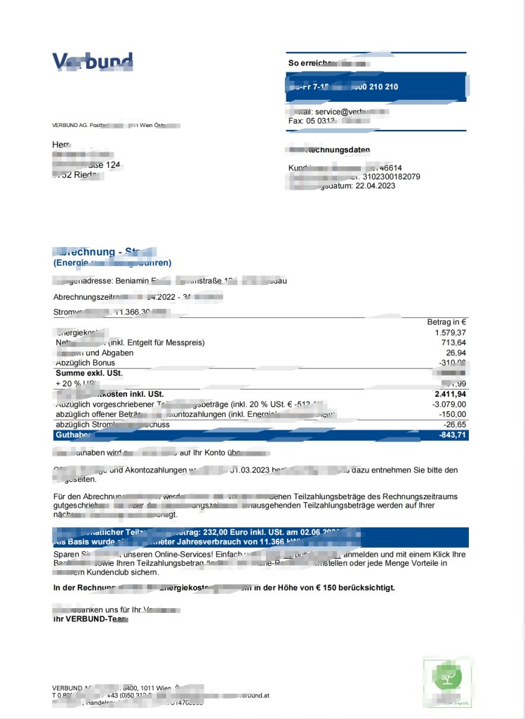 奥地利Verbund水电费账单Word和Pdf模板