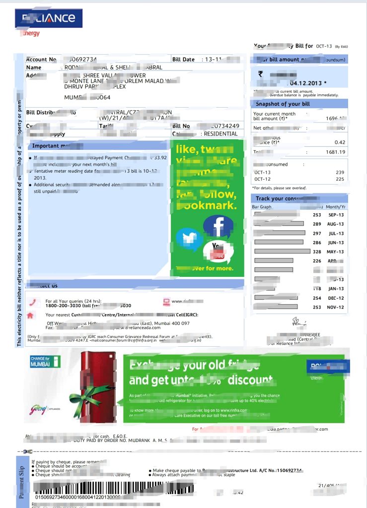 印度 Reliance Energy 电费账单印度公用事业账单 Psd 模板