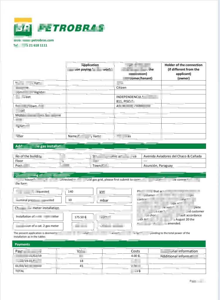巴拉圭巴西石油公司巴拉圭运营和物流天然气公司公用事业账单模板
