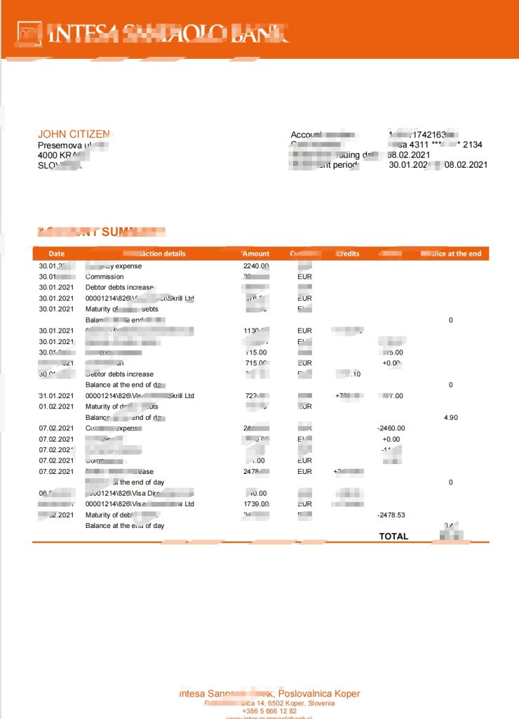 斯洛文尼亚 Intesa Sanpaolo 银行Poslovalnica Koper 银行对账单模板