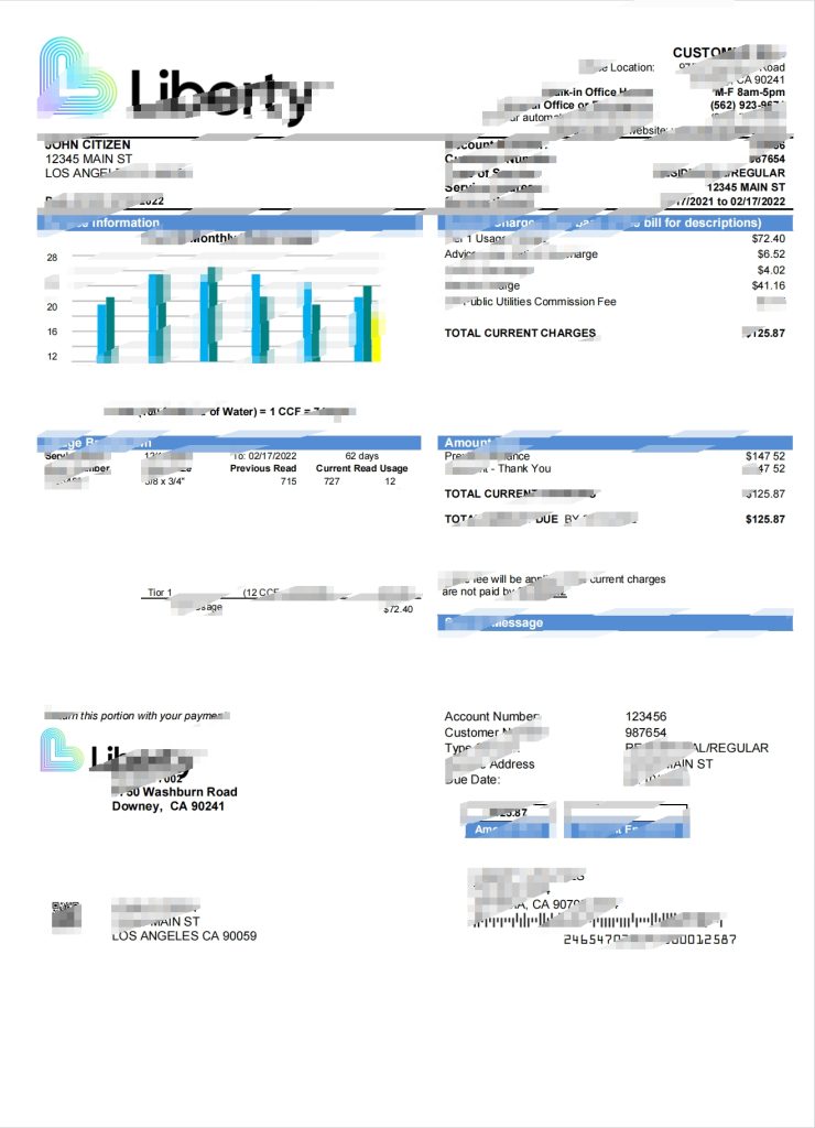 美国加州自由公用事业公司水电费账单Word和PDF模板