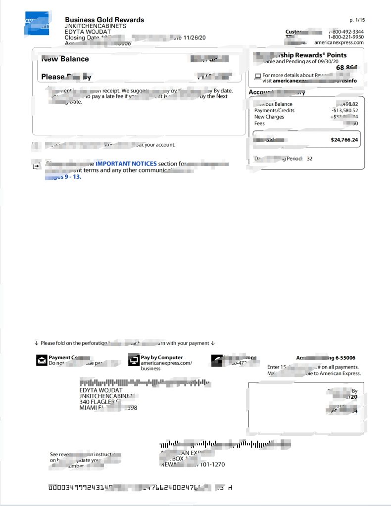 美国商业 Amex 信用卡黄金奖励声明模板