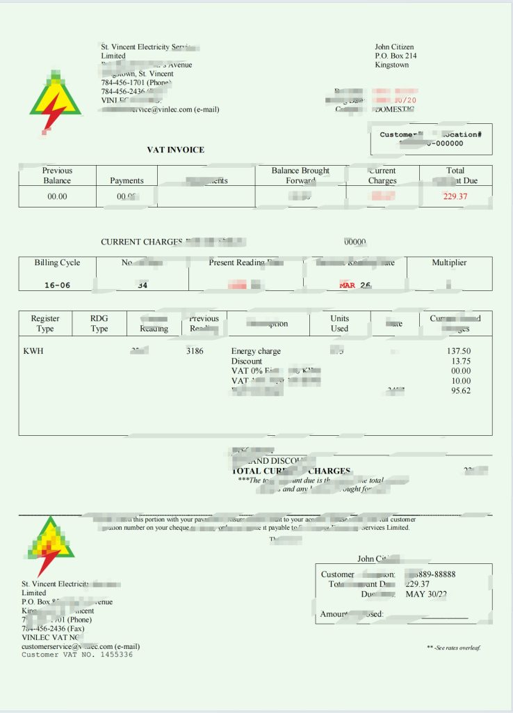 圣文森特和格林纳丁斯圣文森特电力服务有限公司水电费账单Word和PDF模板