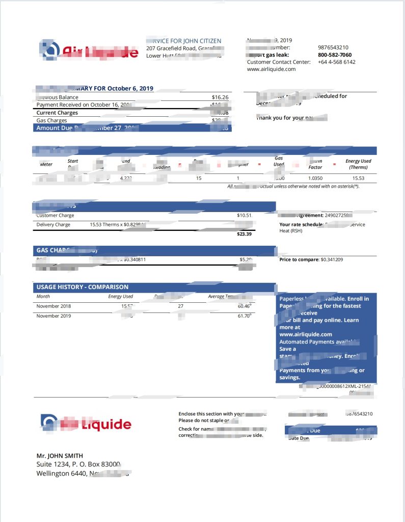 新西兰液化空气集团公用事业账单模板(Word 和PDF 格式)