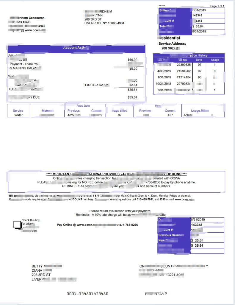 美国纽约州 OCWA 公用事业账单模 板