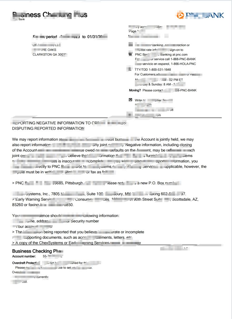 美国 PNC 银行公司账户业务报表