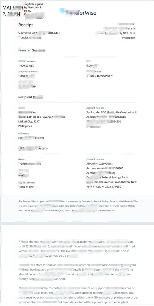 菲律宾 Transferwise 收据银行对账单模板