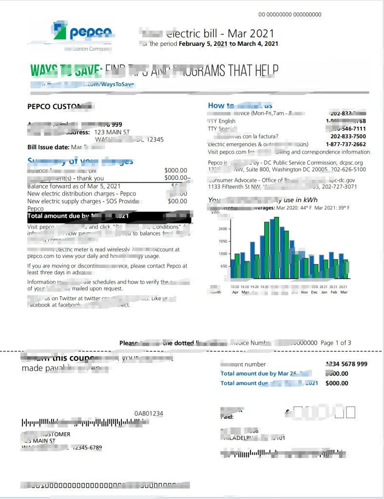 美国华盛顿特区 Pepco 公用事业账单 Word 和 PDF 模板