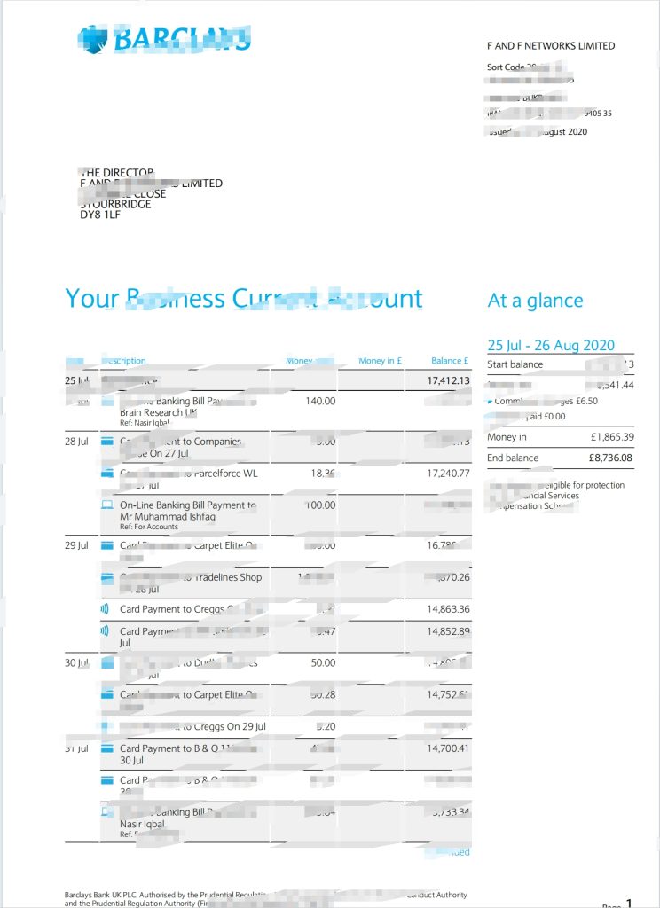 巴克莱银行商业账户报表 Word 和PDF 模板