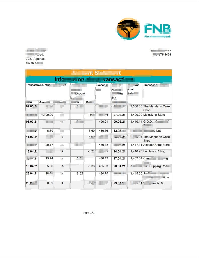 南非 FNB 银行对账单模板（Excel 和 PDF 格式）