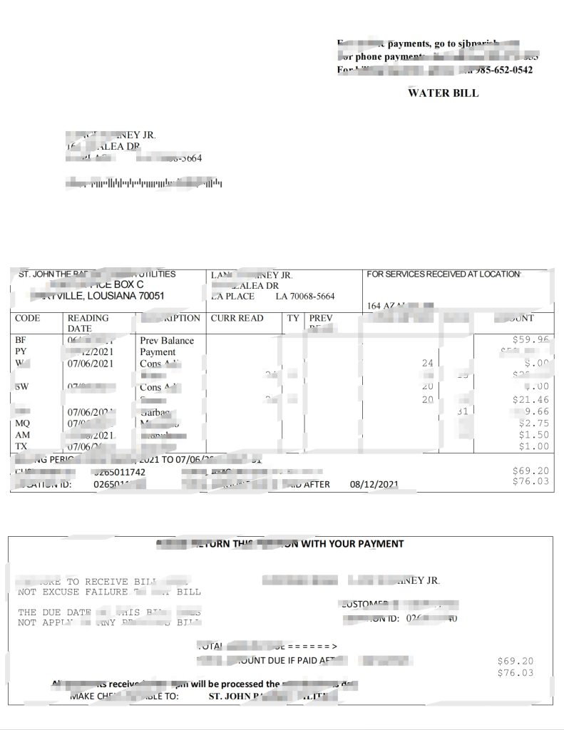 美国路易斯安那州圣约翰浸信会教区水费账单Word和PDF模板