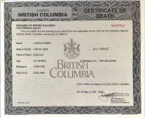加拿大不列颠哥伦比亚省死亡证明canada British Columbia Death Certificate-帮司令