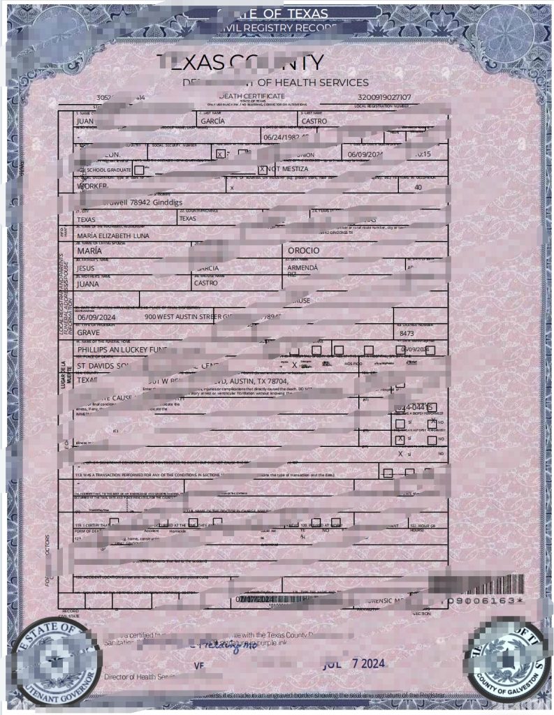 德克萨斯州死亡证明（Word 和 PDF 格式）