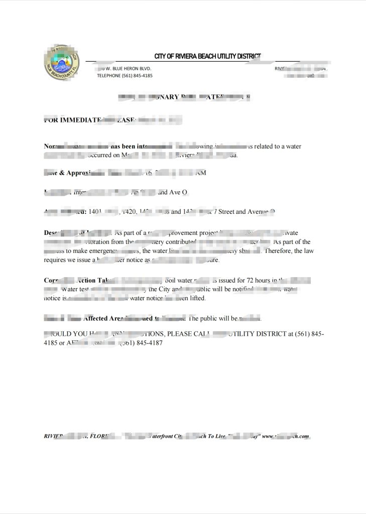 美国佛罗里达州里维埃拉海滩市公用事业区供水设施关闭通知 Word 和 PDF 模板