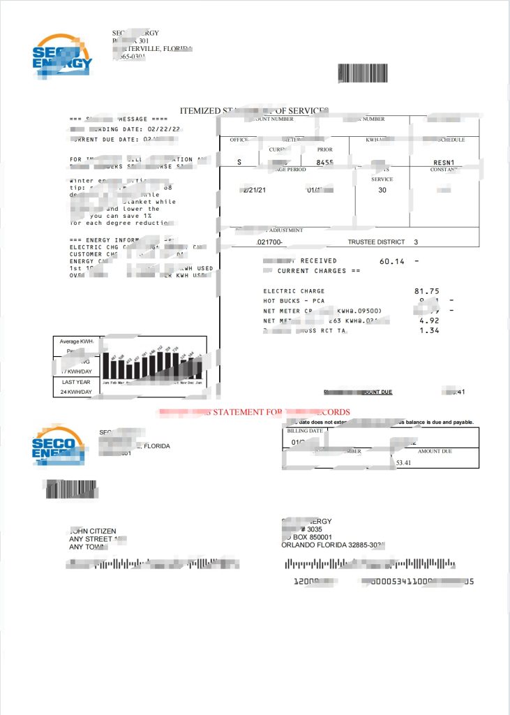 美国佛罗里达州 Seco Energy 公用事业账单模板（Word 和 PDF 格式）
