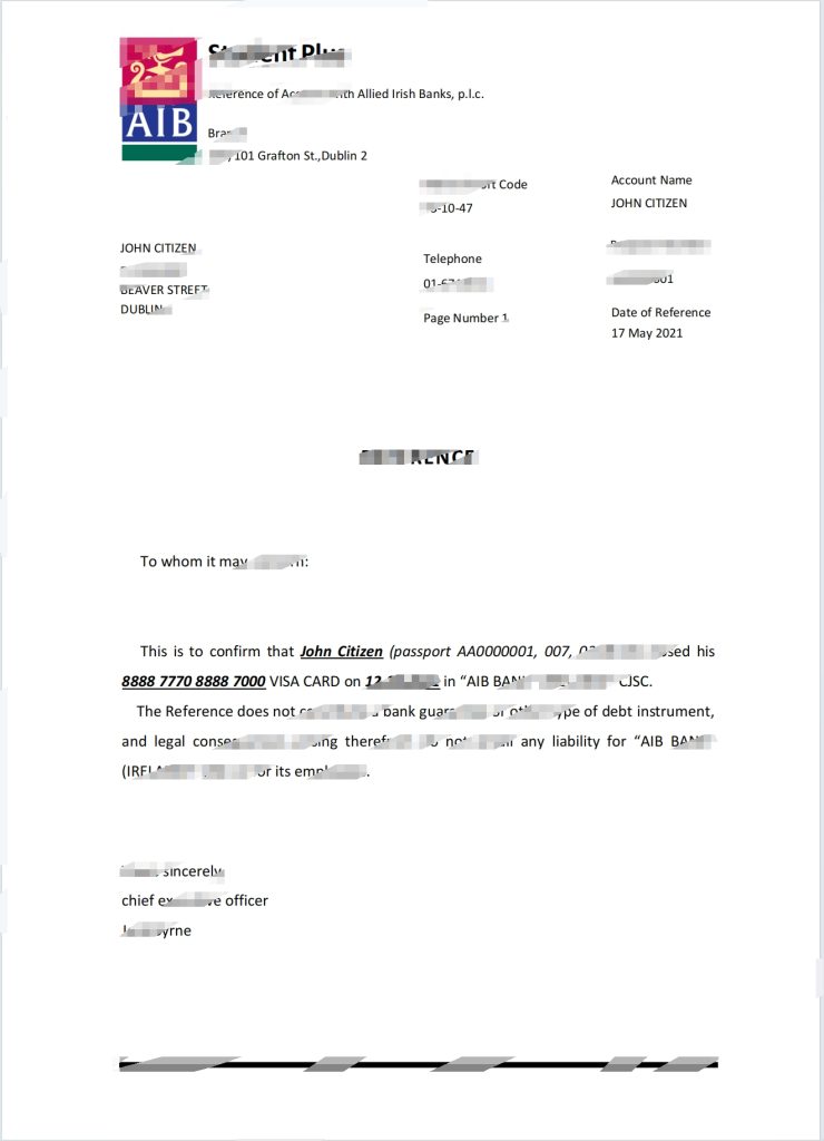 爱尔兰 AIB 银行账户推荐信模板