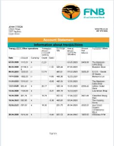 南非第一国民银行（FNB）银行对账单Word和PDF模板South Africa First National Bank (FNB) Bank Statement Word And PDF Template-帮司令
