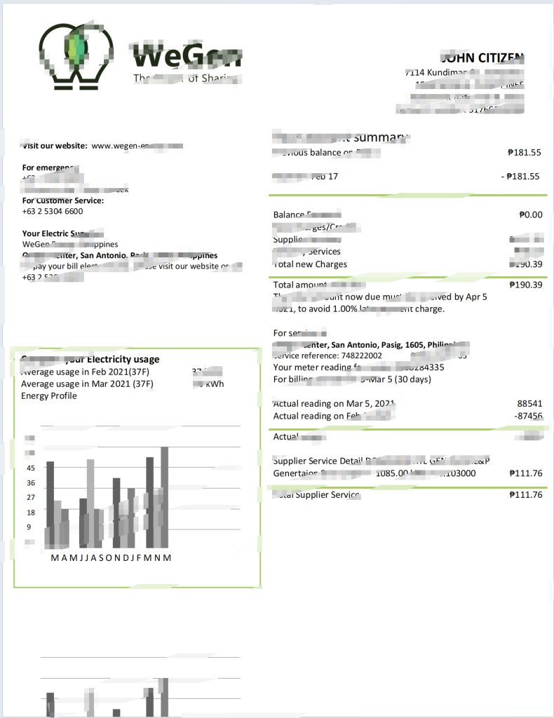 菲律宾WeGen Energy菲律宾公用事业账单Word和PDF模板